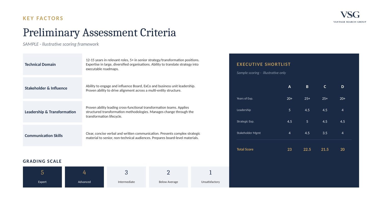 Sample Assessment Criteria from a Vantage Search Group retained search